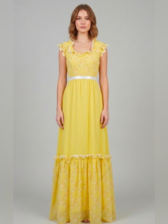 Lorrie Deb Dresses & Skirts - Vintage 70's Lorrie Deb Yellow Prarie Prom Maxi Ruffle Dress XS USA Union Made